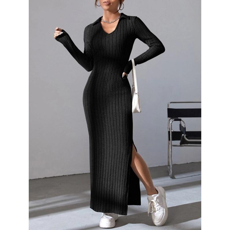 YYFS Women's Fashion Spring Fall Solid Color Print Long Sleeve POLO Neck High Waist Casual Dresses
