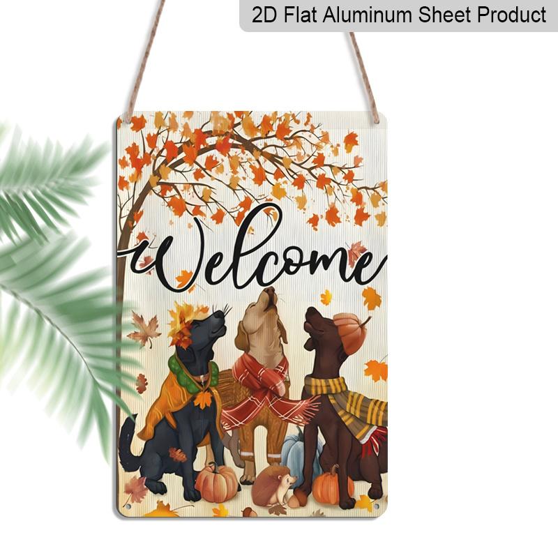 2D Flat Welcome Fall Dogs Maple Leaf Pumpkin Metal Sign - 8.0x12.0inch Aluminum Wall Art, Cute Autumn Dog Hedgehog Farmhouse Front Porch Decor