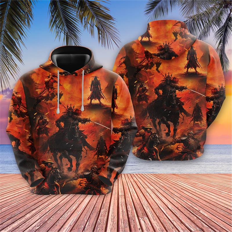 Japońskie samurajskie bluzy graficzne Harajuku Fashion Cherry Blossoms bluzy z kapturem dla mężczyzn ubrania Warrior Cat Y2k bluza z kapturem dla chłopców