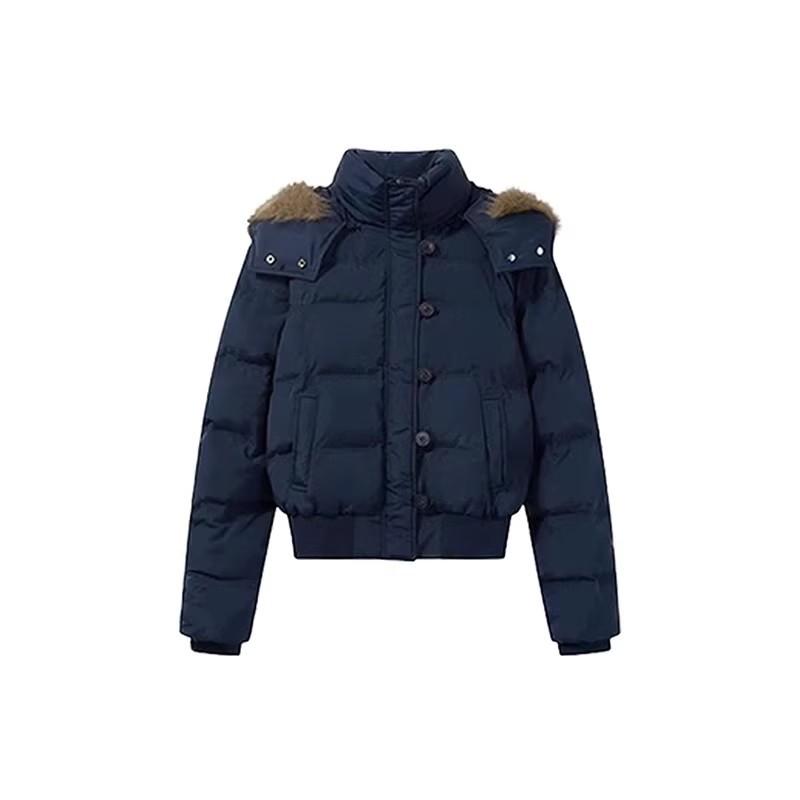 Autumn Winter Retro Fur Collar Warm Solid Color Women Hooded Cotton Coat Ins Winter Loose Casual Slim Cotton Coat Jackets