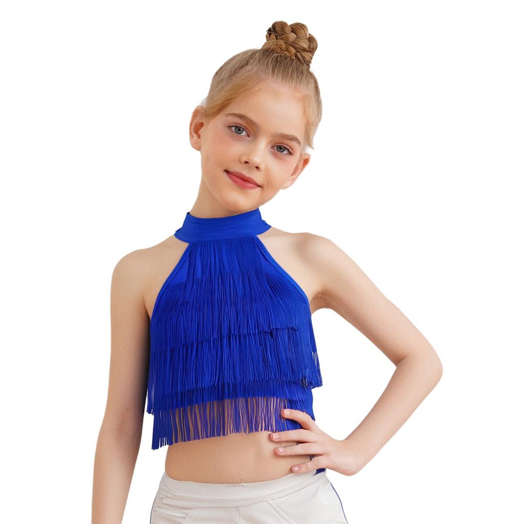 Vielseitiges Latein-Performance-Oberteil für Mädchen: Fransen Crop Top mit offenem Rücken & mehrlagigen Quasten für Salsa, Tanz & Halloween
