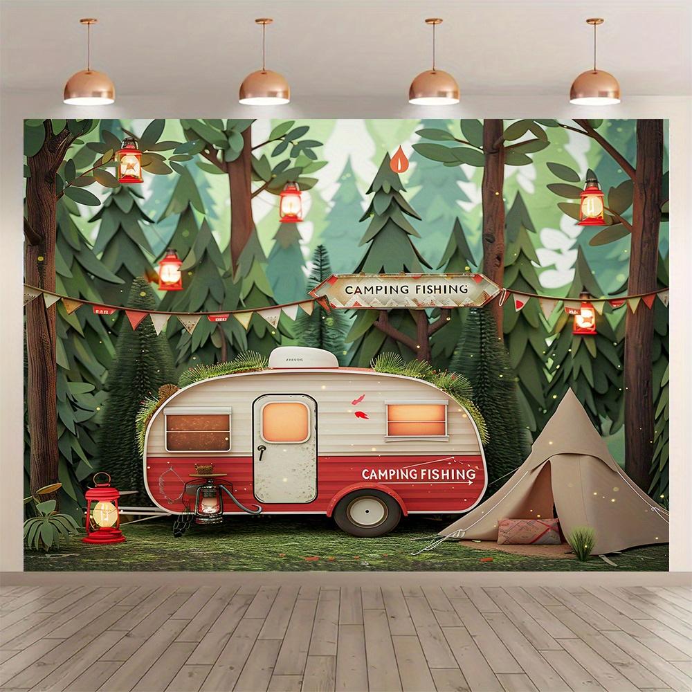 Polyester Jungle camping theme background banners, RV and tent outdoor adventure scenes, suitable for parties, photography