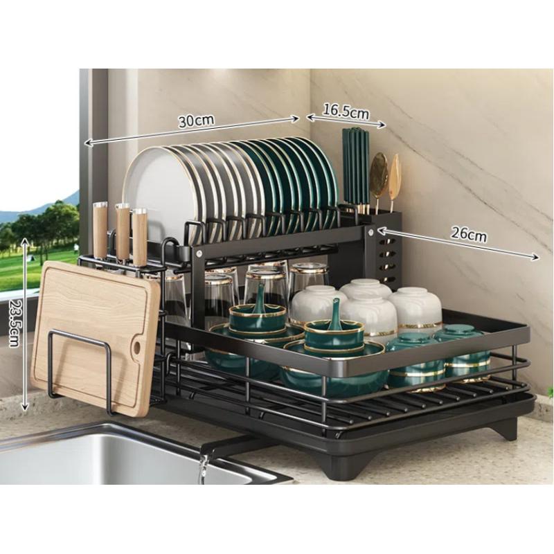 Moderní dvoupatrový kovový odkapávač na nádobí, organizér na kuchyňské desce s odkapávací deskou