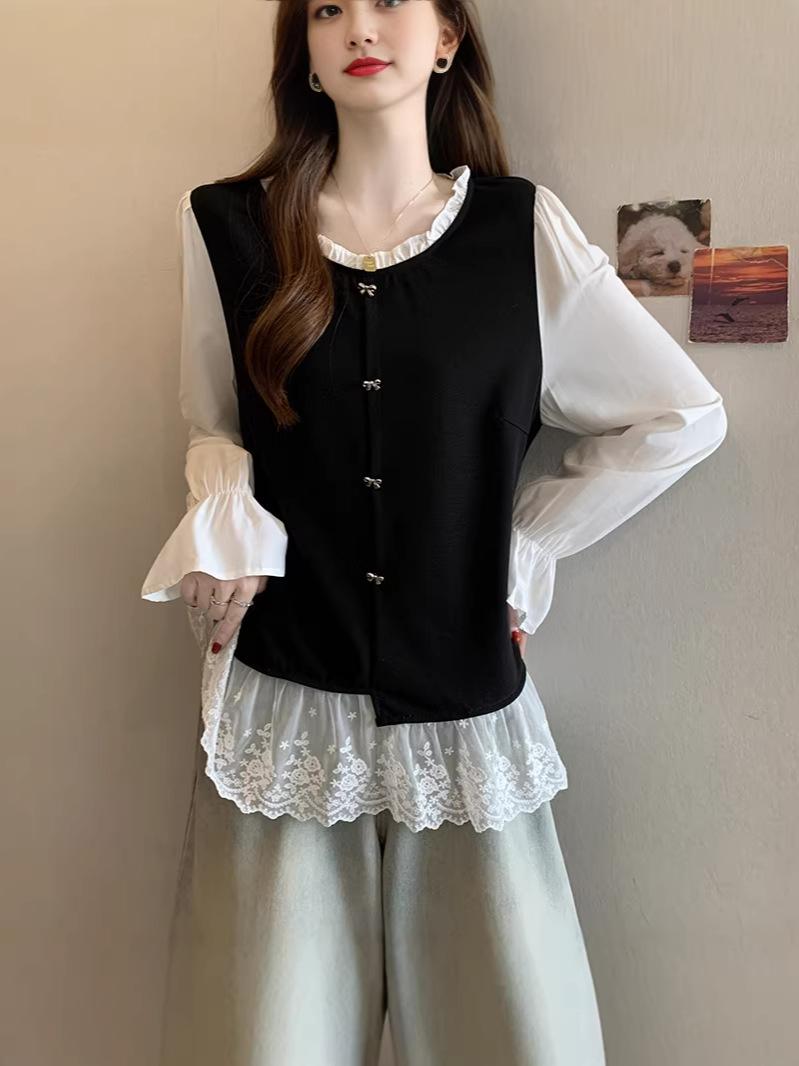 2026 Spring Plus Size Women s French Ruffle & Lace Long Sleeve Top Large