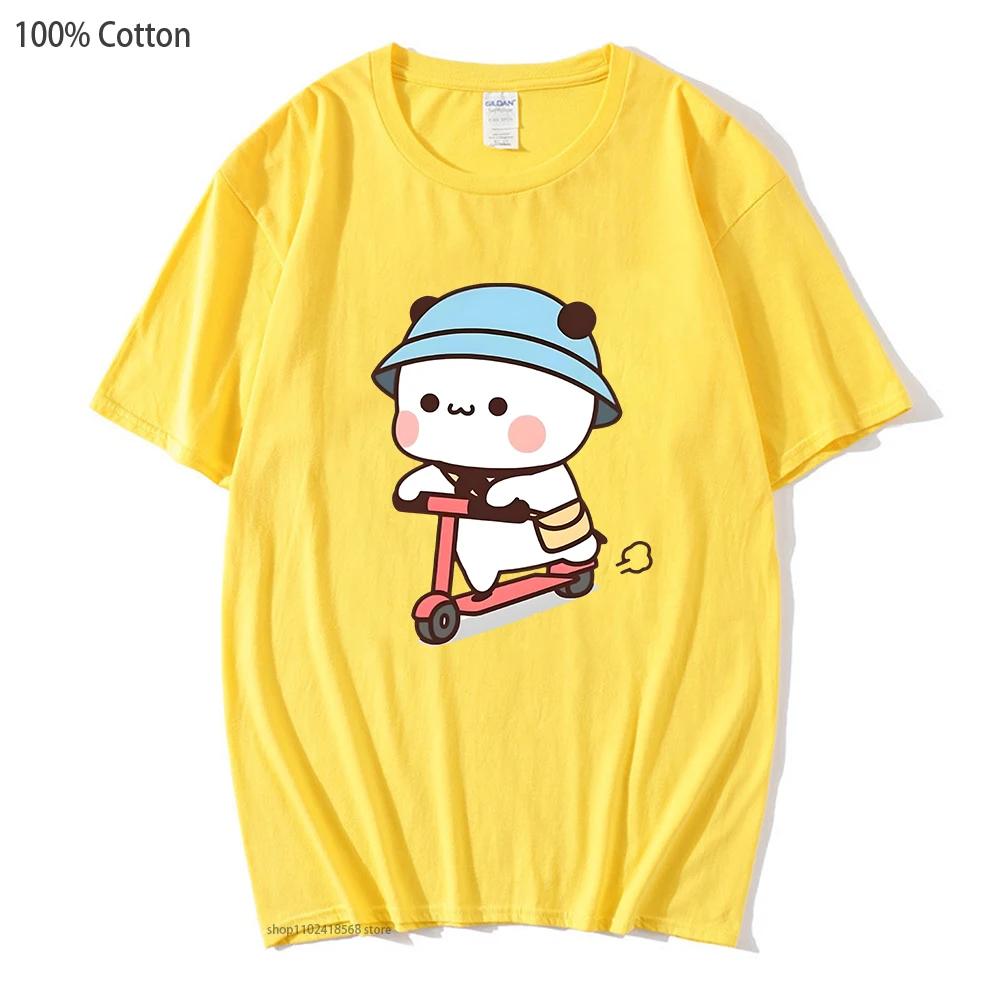 Cartoon Bubu Dudu Shirt Mochi Brownie Bear Bike Riding T-Shirts Women Kawaii Y2k Clothes Men Cartoon Top Summer Tees