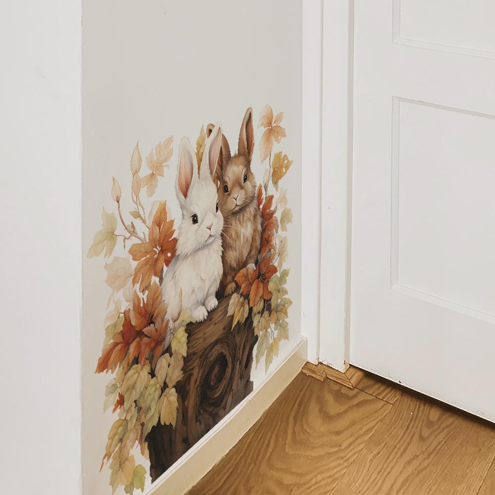 Cartoon Bunny Couple Falling Leaves Wall Sticker for Bedroom Living Room Wall Decoration Self-Adhesive
