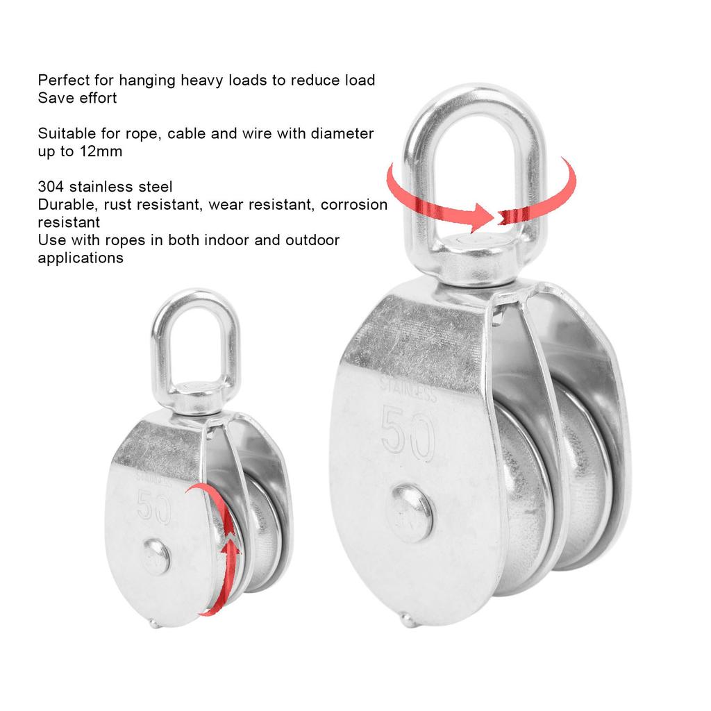 2Pcs Lifting Double Pulley Block Heavy Duty Stainless Steel Roller M50 Wire Rope Crane Hanging 400KG Loading