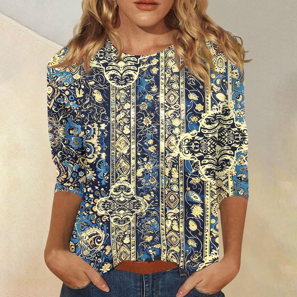 Women Casual Loose Fit Printed Top Three Quarter Sleeve Blouse Lightweight Comfortable Soft Fabric Stylish Design