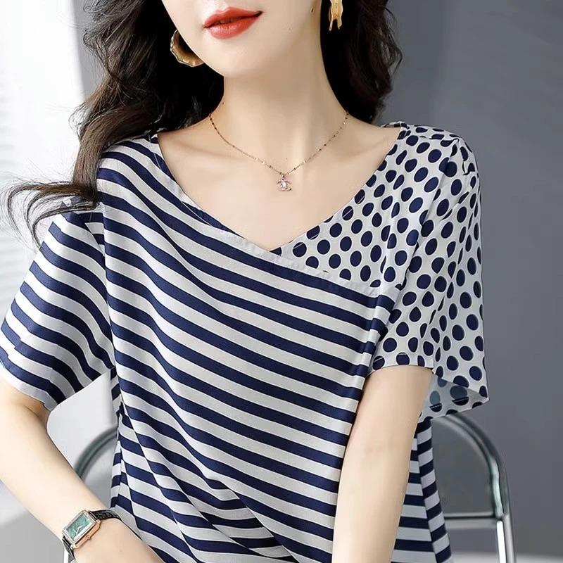 Short-sleeved T-shirt Women's New Summer Top Fashionable Elegant and Fresh Age-reducing Splicing Striped Printed Chiffon Shirt
