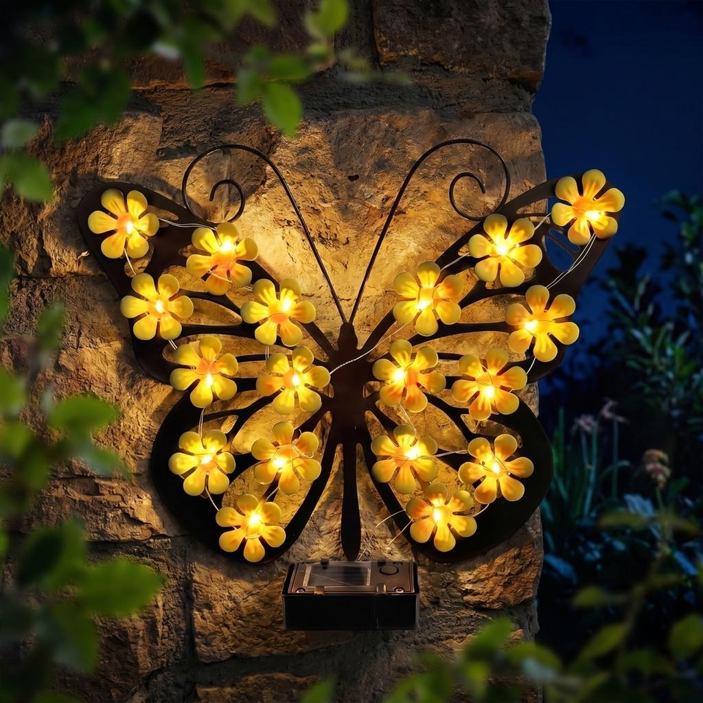 Solar Powered Outdoor Waterproof Butterfly Wall Light Decorative Metal Flower Design for Garden Patio Yard Fence Pathway
