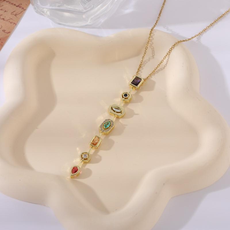 Retro Style Colorful Zircon Tassel Irregular Splicing Long Necklace Light Luxury Pendant Collarbone Chain For Women Jewelry