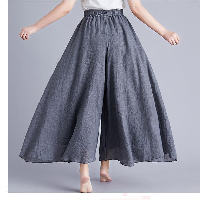 Summer Women's Trousers Artistic Large Size Cotton and Linen Wide-leg Trouser Skirt Linen Skirt Elastic Waist Solid Color Ethnic Style Trouser Skirt