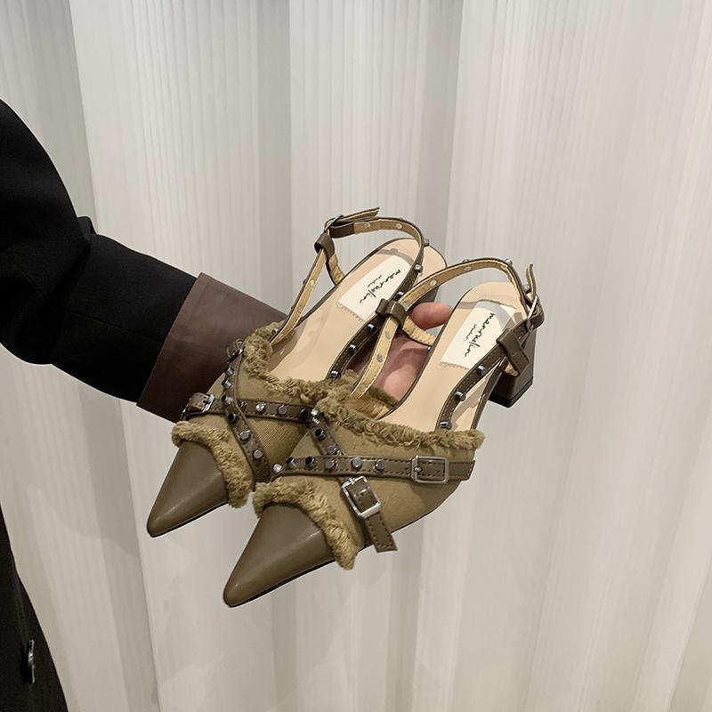 French Retro Single Shoes Women's Spring New Products Pointed Head Western Denim Bag Head Empty Sandals Thick Heel High Heels Look Thin