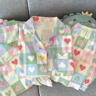 Frühlings- und Sommerfarbe Dopamin Wolkenbaumwoll-Pyjama Damen Sommer Kurzarm-Cardigan Dreiteilige Loungewear