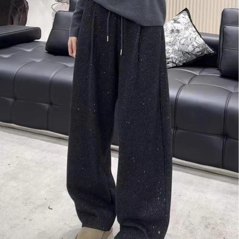 Pantaloni Larghi con Strass Stile Coreano da Donna - Grigio Scuro, Drappeggio Ampio, Lunghezza Pavimento, Autunno/Inverno 2026