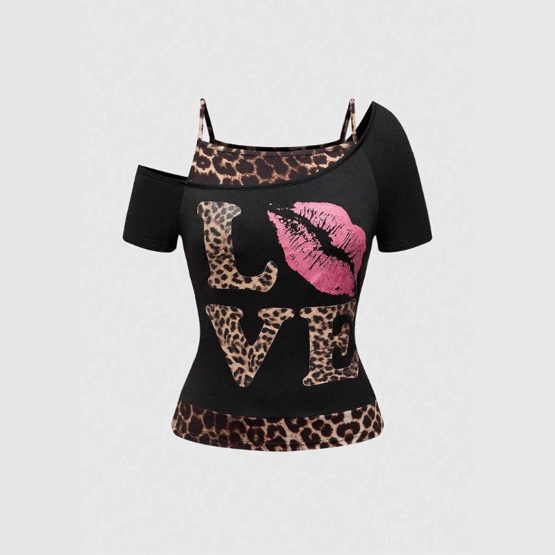 

European and American Summer Women s Y2K Personalized Fake Two Piece Round Neck Top S чёрный