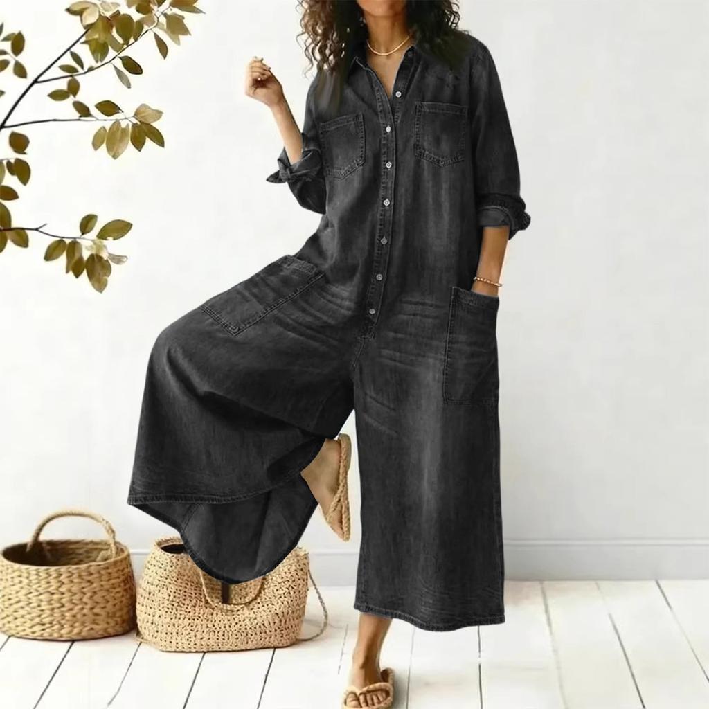 Fashionable Women's Spring And Fashion Sexy Single Breasted Shirt Loose Jumpsuit