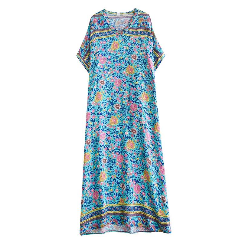 Krátký rukáv Nadměrná velikost vintage květinová novinka v šatech pro ženy ležérní volné Maxi dlouhé letní šaty