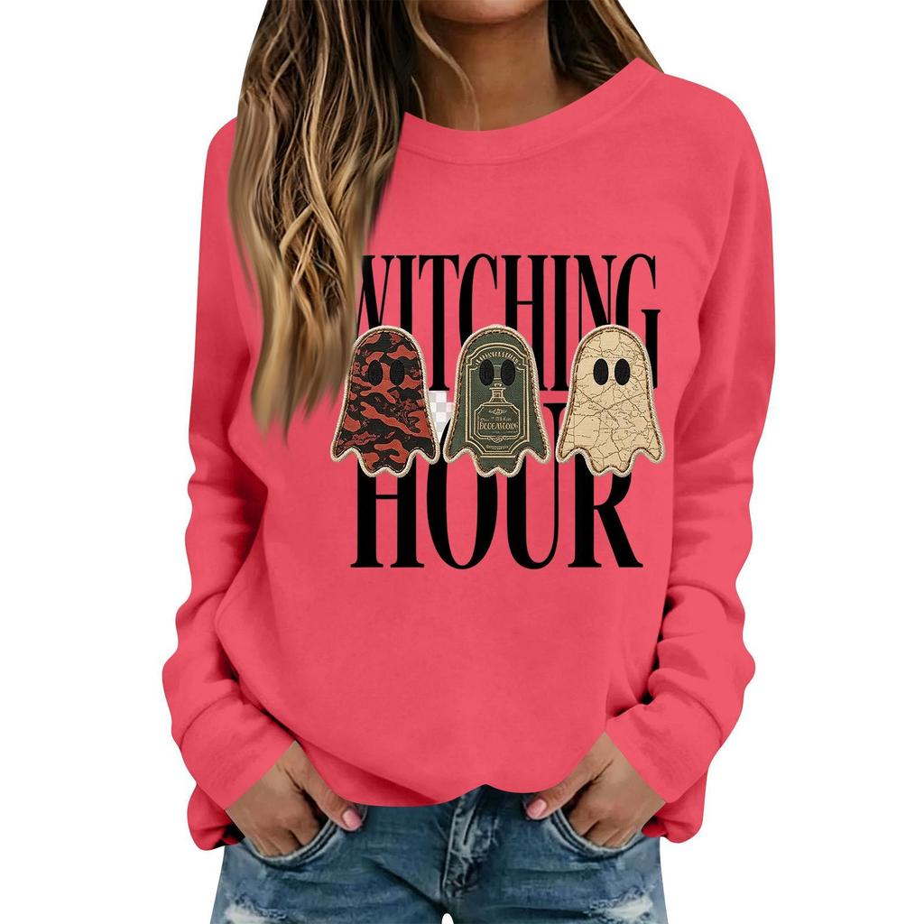 Women's Casual Halloween Print Long Sleeve Crewneck Top for Fall Party and Everyday Wear