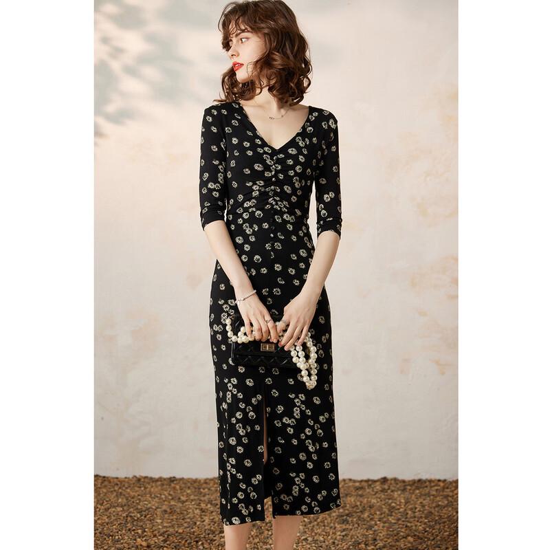 Bailuyu Elegant V-Neck Slit Dress L чёрный