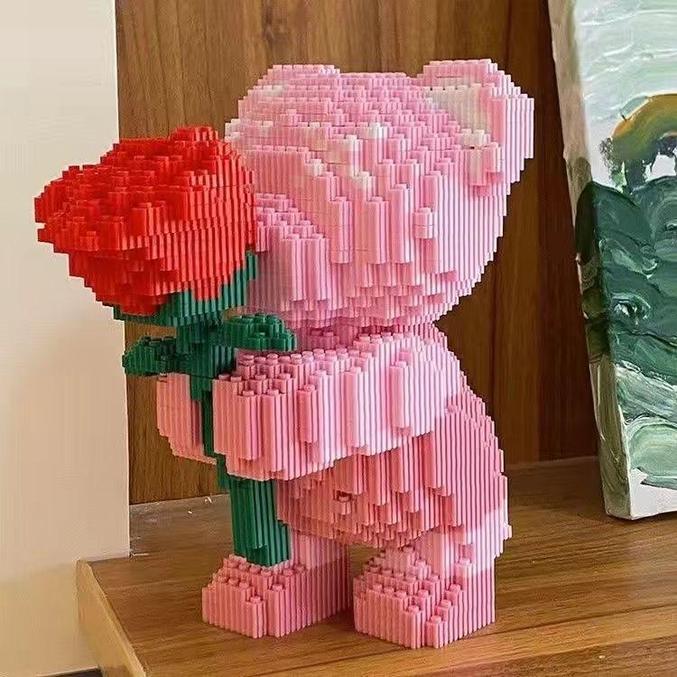 Cute Cartoon Pink Flower Teddy Bear Building Block Toy Educational Toy for Kids Couple Gift Desktop Decorations