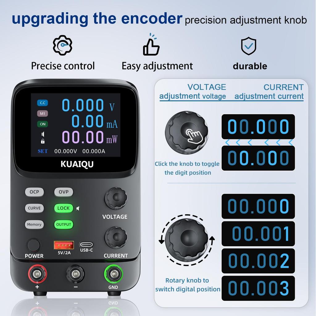 Regolatori di Tensione Variabili 0-30V 0-10A 300W, KUAIQU, Display TFT a 5 Cifre 0.01mA Visualizzazione Curva Tensione Corrente OCP OVP Per Rilevamento Consumo Energetico