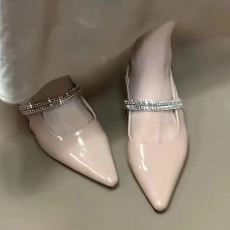 Fashion Baotou Sandals Summer New Pointed Toe Shallow Mouth Rhinestone Slip Belt Soft Sole Non-slip Low Heel Shoes