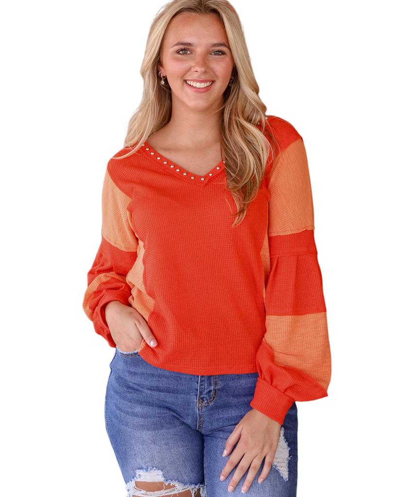 Azura Exchange Red Studded V Neckline Exposed Seam Textured Knit Top