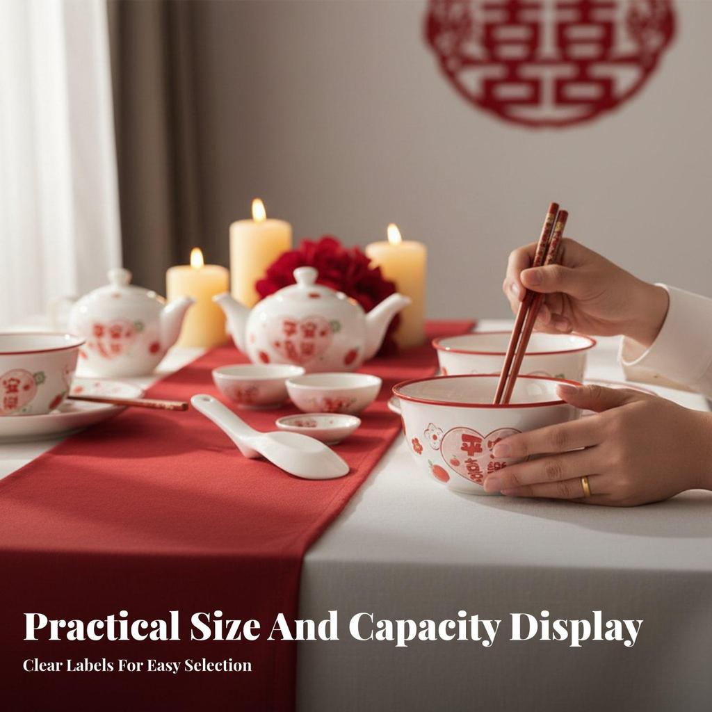 Red Festive Ceramic Dinnerware Set, Chinese Bowls Plates Chopsticks, Wedding