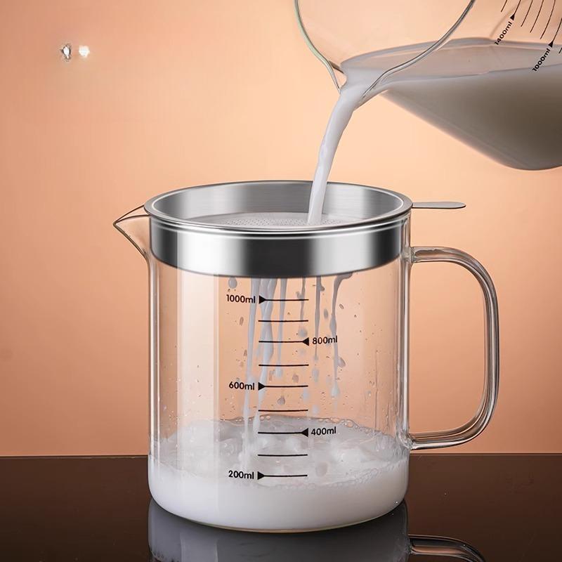 Glass Oil Filter Pot Container with Strainer, Cooking Oil Storage Can with Fine Mesh Filter and Scale, Lid  Kitchen oilcan
