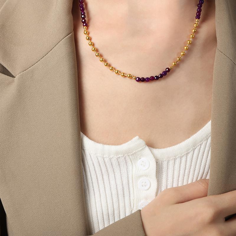 

Fashionable retro court style titanium steel bead natural stone agate handmade beaded necklace jewelry for women