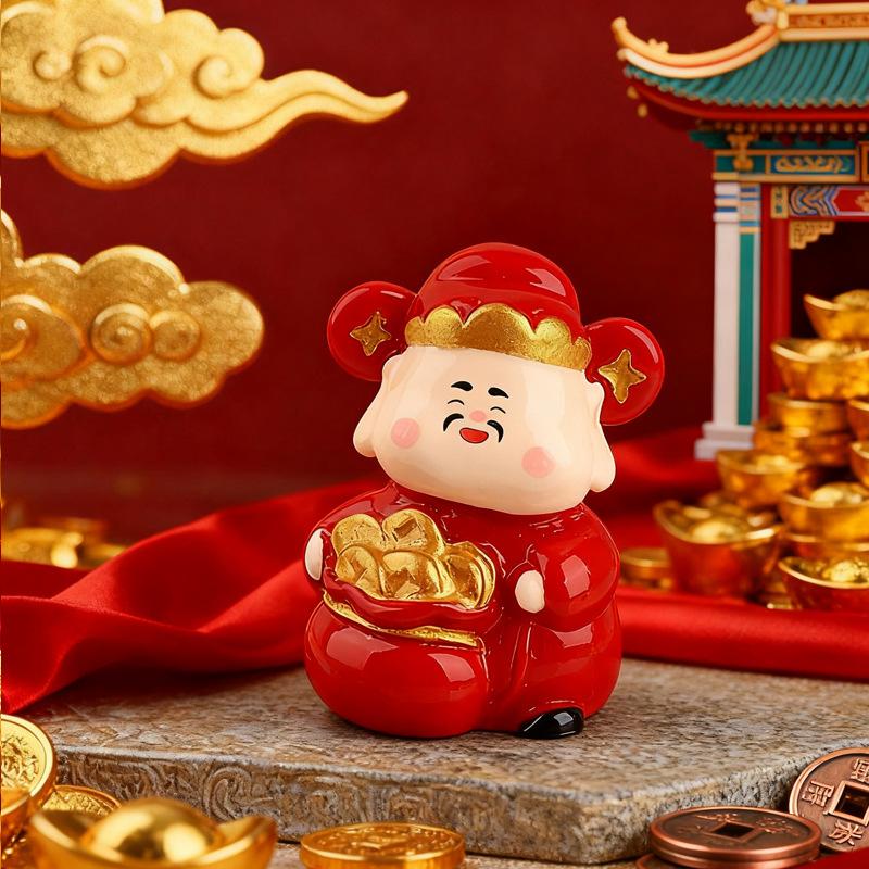 1Pcs Cute New Year'S God Of Wealth Decorative Resin Figurines Stress Relief Healing Emotions Small Ornament Ideal Gifts For Home