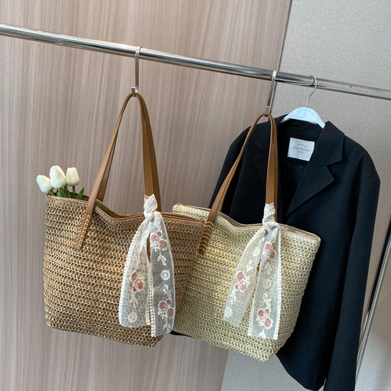 Women's Summer Shoulder Bag Silk Scarf Large Capacity Handbag Hand-woven Bag Fashion Hand-held Grass Woven Women's Bag