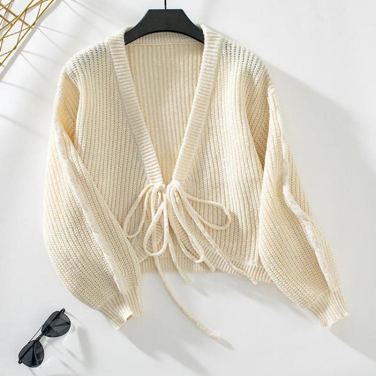 Vintage Autumn Winter V-Neck Sweater Loose Long Sleeve Cardigan Solid Color Knitwear Top