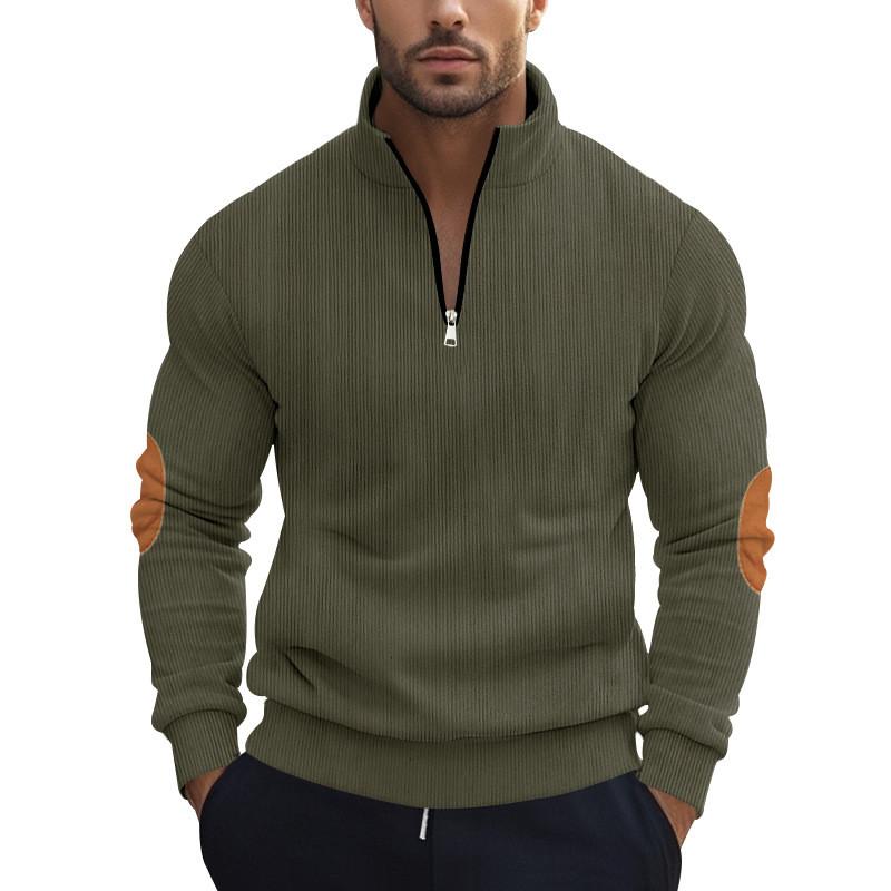 Corduroy Mens Stand Collar Pullover Sweatshirt With Zipper Closure For Casual Fall Wear