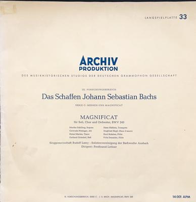 LP Record JOHANN SEBASTIAN BACH Magnificat Fur Soli Chor Und Orche 14001APM ARCHIV PRODUKT 1957 Germany Classical Used