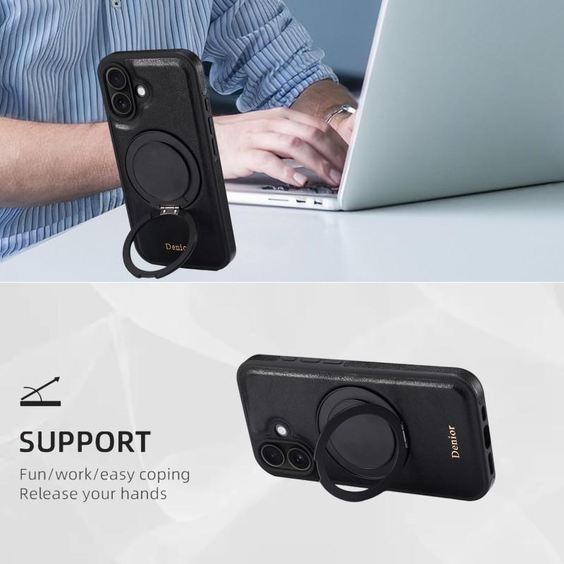Denior 18 Pro Max Genuine Leather Rotating Magnetic Phone Case With Ring Stand IPhone 16/17 Series
