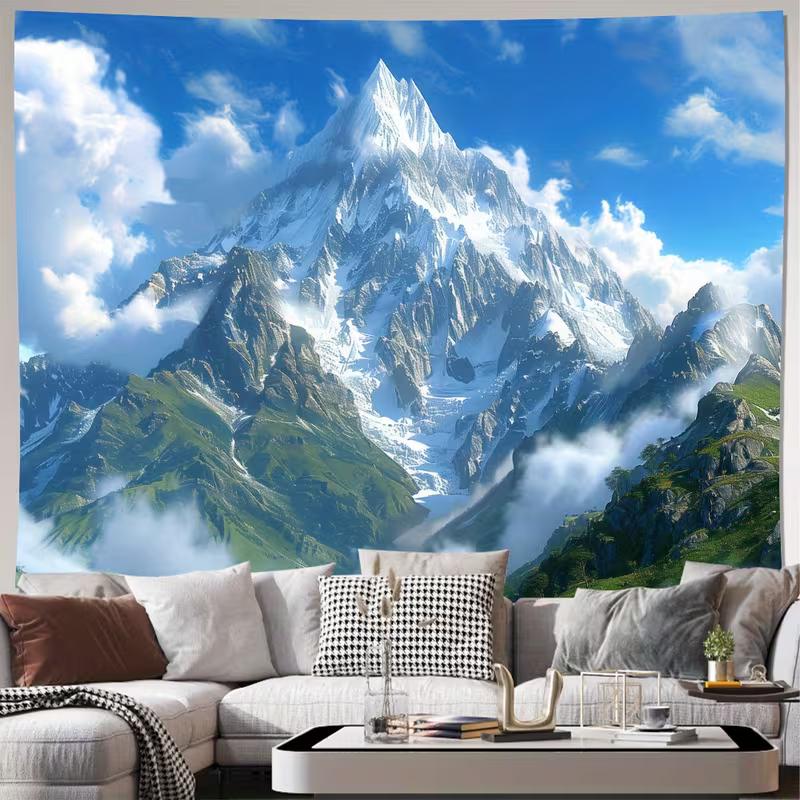 2D Alpine Mountain Tapestry, Majestic Snow Peak & Clouds Wall Art for Home Decor