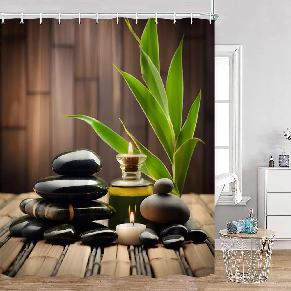 Zen Shower Curtains Black Stone Green Bamboo Lotus Spa Candle Purple Orchid Natural Leaf Bathroom Curtain Meditation Bath Decor