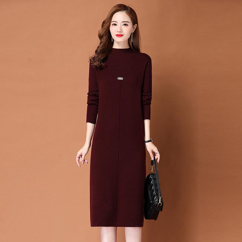 Autumn and Winter Medium and Long with Coat Knitted Sweater Dress Loose and Thin Solid Color Fashion Bottom Sweater Women's Skirt