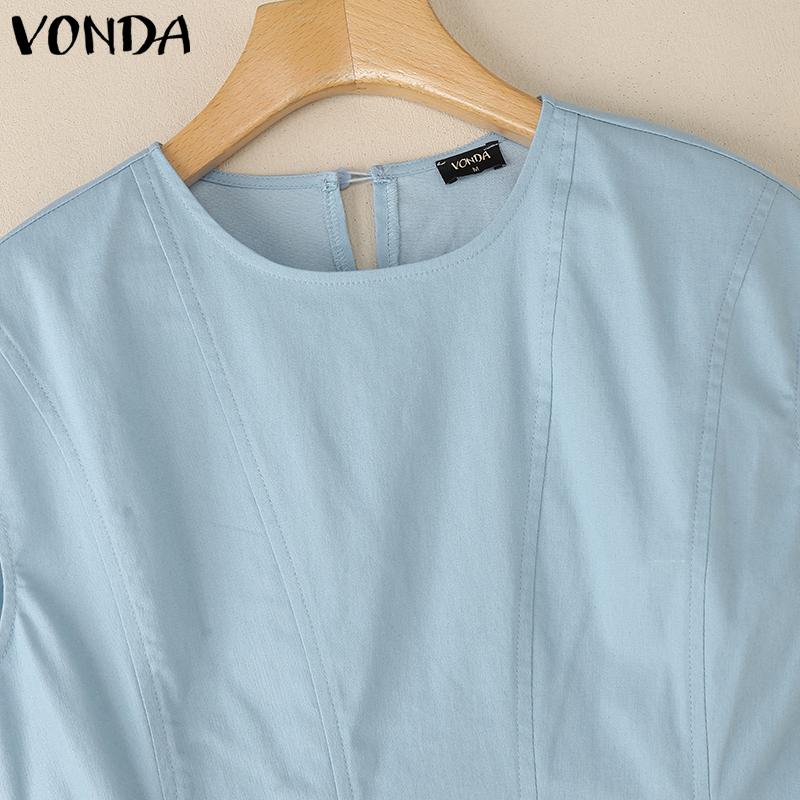 VONDA Elegant Women Casual Round Neck Sleeveless Solid Color Ruffled A-line Dress