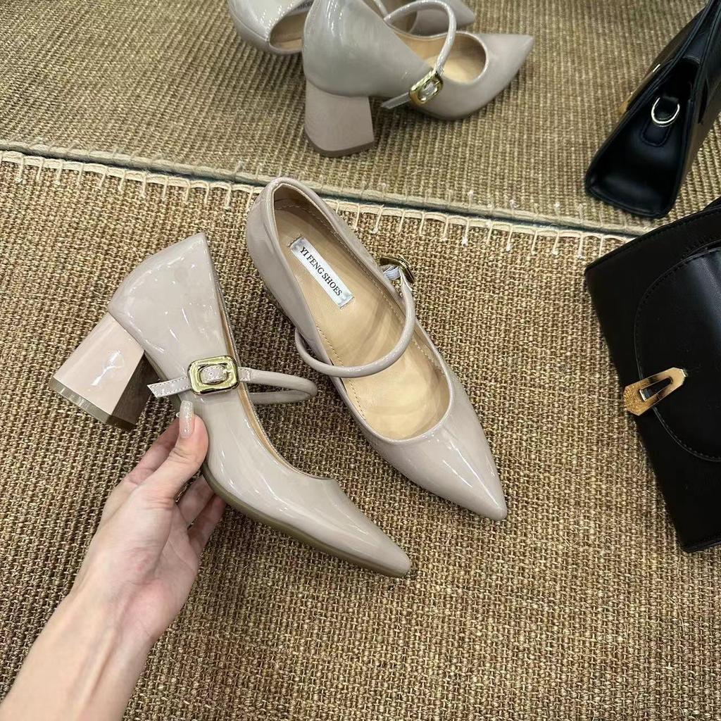 Nude Chunky Heel Mary Jane with 8cm Hidden Lift and Pointed Toe - Women's Commuting Heels
