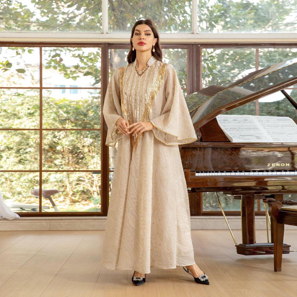 AB320 Tulle Embroidered Sequined Muslim Evening Dress - Arabic Dubai Style Robe for Middle Eastern Women