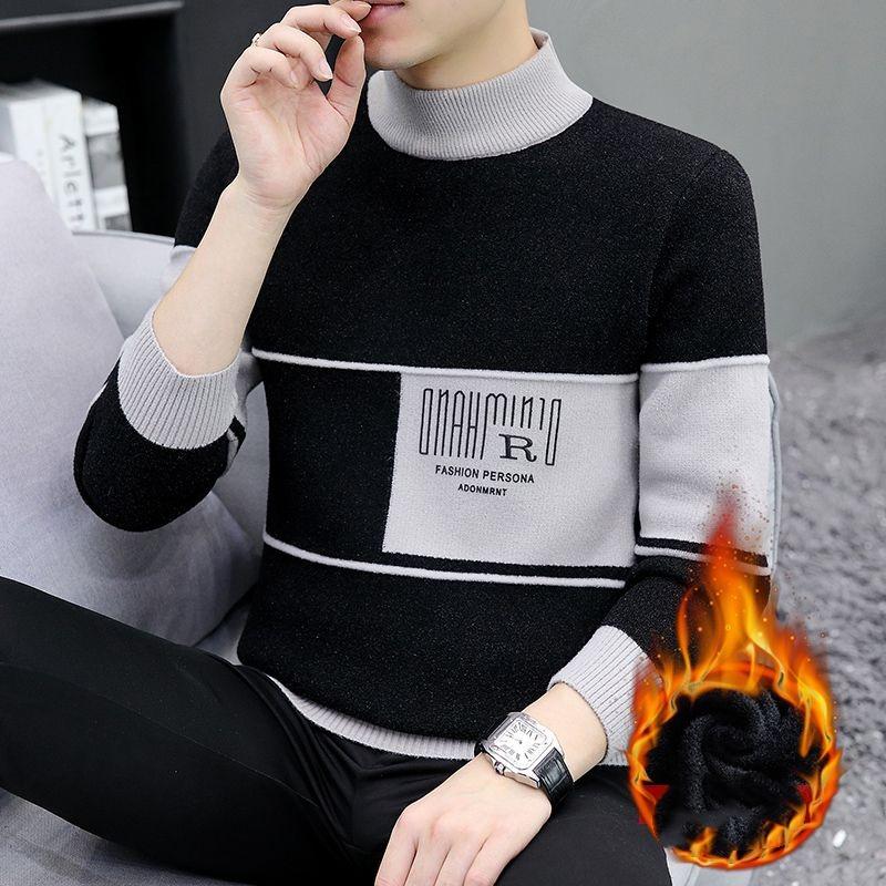 Men's Autumn Winter Turtleneck Flocking Letter Pullover Solid Long Sleeve Sweater Knitted Casual Undershirt Vintage Loose Tops