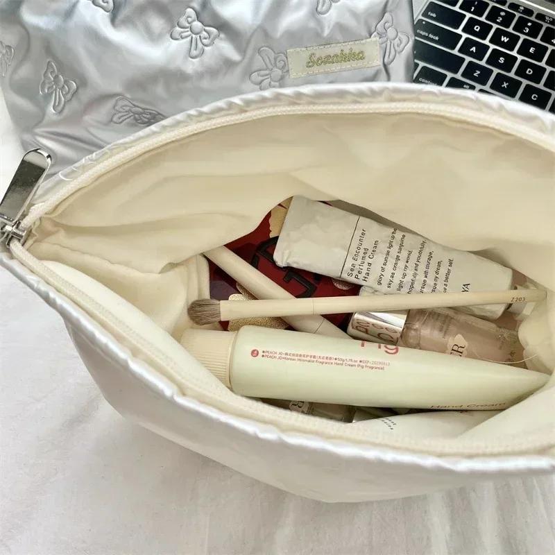 Korean Quilted PU Love Bow Cosmetic Bag Skincare Products Pouch Inner Pocket Multi-function Makeup Lipstick Storage Bag Handbag