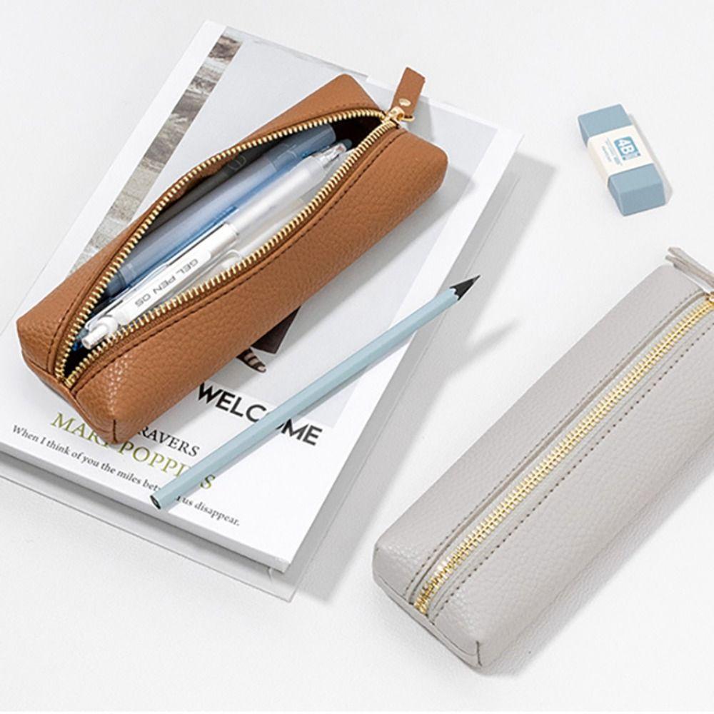 PU Leather Pen Case Zipper Pen Storage Bag Simple Stationery Organizer  School Office