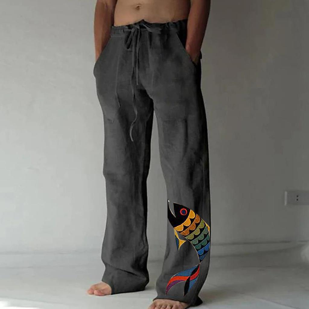 Men's Loose Casual Color Cotton Linen Trousers Elastic Tie Printed Straight Pants