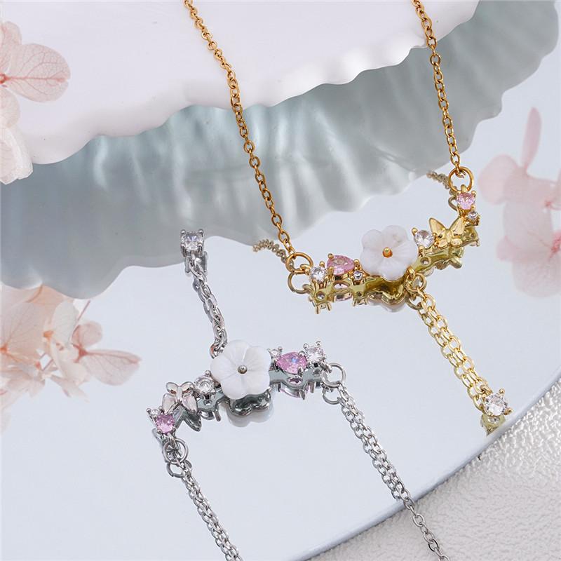 Light Luxury Camellia Zircon Pendant Necklace Stainless Steel Chain Cute Flower Choker Jewelry Birthday Gifts For Women Girls
