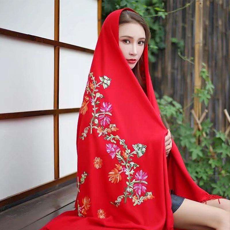Lijiang Yunnan Etnická Kvetinová Výšivka Nadrozmerná Čierna Strapec Šatka na Jeseň/Zimu