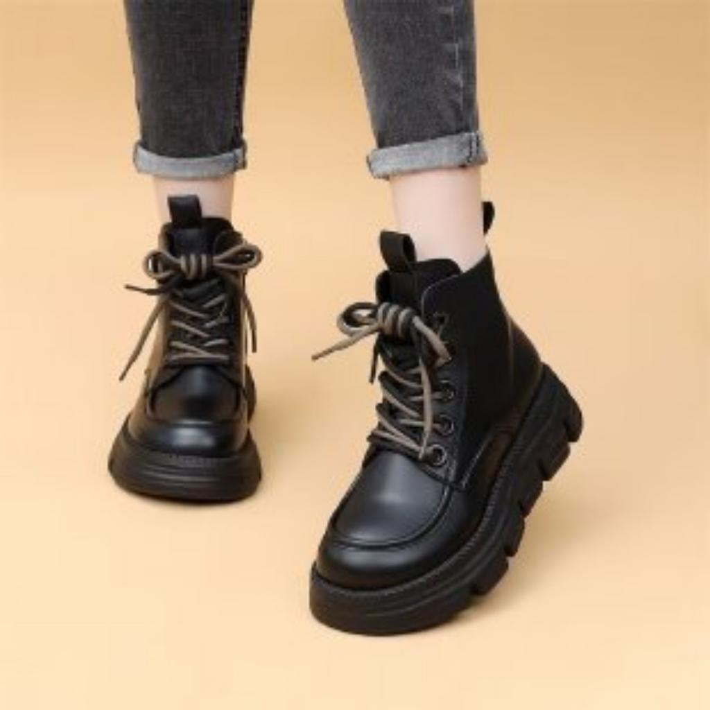 Soft Leather Thick-soled Martin Boots Women's Autumn British Wind Heightening Single Boots Black Short Boots Non-slip and Wear-resistant